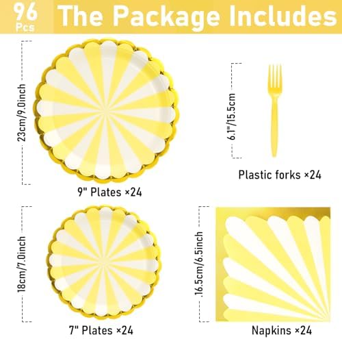 96PCS Yellow Party Paper Plates with Gold Scalloped Edge, Yellow Scalloped 9inch 7inch Dessert Paper Plates Party Supplies for Birthday Bridal Shower Picnic, Serve for 24 Guests, Striped - Image 3
