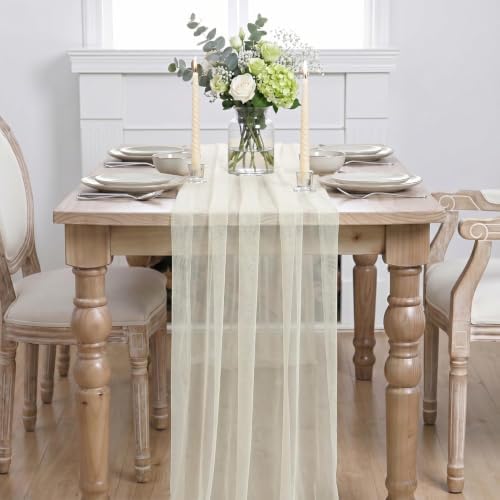 Artoid Mode Beige Gauze Table Runner 28x120Inch, Seasonal Sheer Kitchen Dining Holiday Wedding Birthday Baby Shower Table Decor for Home Party - Image 2