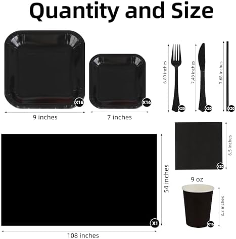 129 PCS Black Disposable Dinnerware Set for 16 People, Party Supplies with 7"/9"Paper Plates, Cups, Napkins, Plastic Forks, Knives,Tablecloth for Wedding Birthday, Graduation, Festivals - Image 2