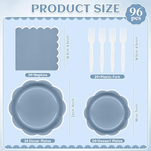 96 Pcs Dusty Blue and White Paper Plates and Napkins Set for 24 Guest - Image 2