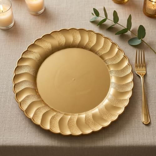13 Inch Gold Scalloped Charger Plates with Gold Rim (Set of 6), Round Wave Plastic Serving Plates for Weddings, Bridal Showers, Birthday Parties, Catering & Table Decorations - Image 5