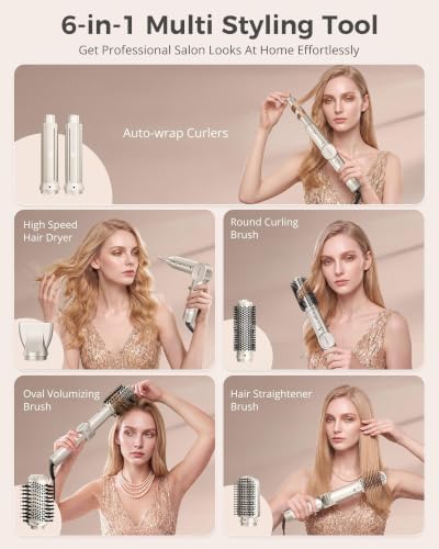 6 in 1 Air Hair Styler Blow Dryer Brush Set - High Speed Negative Ions Hair Dryer 110,000 RPM with Auto Wrap Curlers - No Heat Damage for Curling, Volumizing, Straightening - Champagne Gold - Image 2
