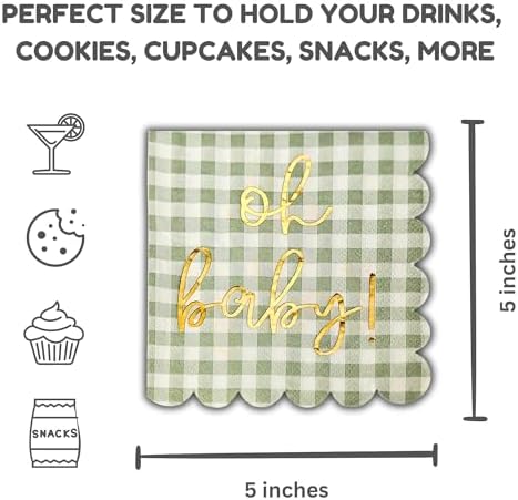 Cloverjoyed 'Oh Baby' Baby Shower Decorations, 50 Pack, Gold Oh Baby Napkins in Plaid Sage Green Pattern, Scalloped Edges, Sage Green Baby Shower Napkins, Neutral Gender Reveal Decorations - Image 4