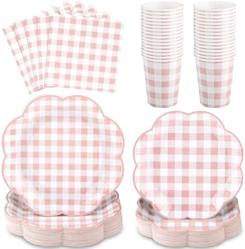 NatNarr 250 Pcs Pink Gingham Plates Set, Scalloped Pink and White Checkered Tableware Set Includes Disposable Plates Napkins and Cups for Wedding Birthday Picnic Baby Bridal Shower by NatNarr