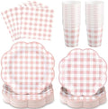 NatNarr 250 Pcs Pink Gingham Plates Set, Scalloped Pink and White Checkered Tableware Set Includes Disposable Plates Napkins and Cups for Wedding Birthday Picnic Baby Bridal Shower by NatNarr