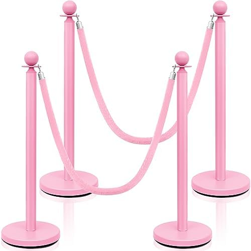4 Pcs Crowd Control Barrier Stanchions and Velvet Rope, 38 Inch, Pink by Ferraycle