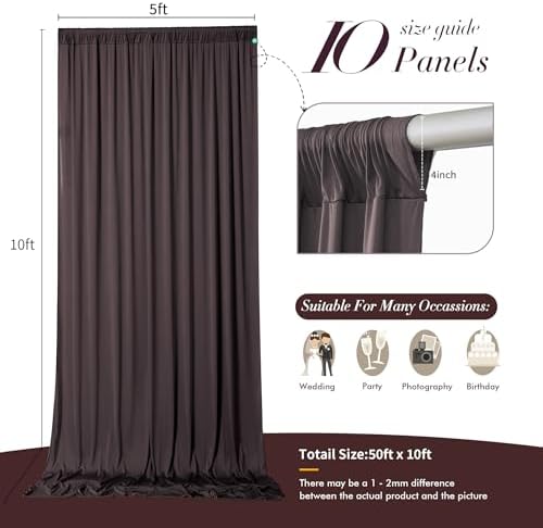 50 ft x 10 ft Wrinkle Free Brown Backdrop Curtain for Parties, 10 Panels 10ft Polyester Brown Photo Backdrop Drapes for Graduation Birthday Wedding Party Stage Curtains - Image 7