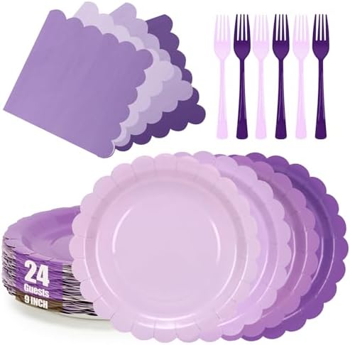 Purple Paper Plates and Napkins,Serves 24 Include Gradient 9 Inch Plates,Napkins,Forks Disposable Party Supplies for Birthday, Wedding, Anniversaries, by CENLBJ