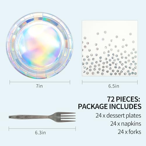 72Pcs Iridescent Silver Plates and Napkins Party Supplies, Holographic Disposable Paper Plates Napkins with Forks Tableware Set for Mermaid Birthday Wedding Iridescent Party Decorations - Image 2