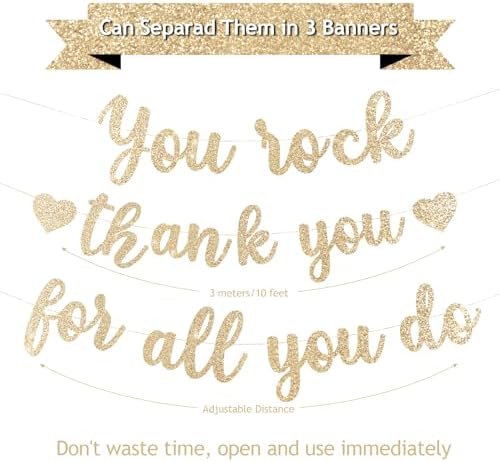 Pre-Strung You Rock Thank You For All You Do Banner - Glitter Employee Appreciation Decorations, Staff Teacher Nurse Recognition Party Supplies, Retirement Office Decor Sign, Large Cardstock Garland (Champagne Gold) - Image 3