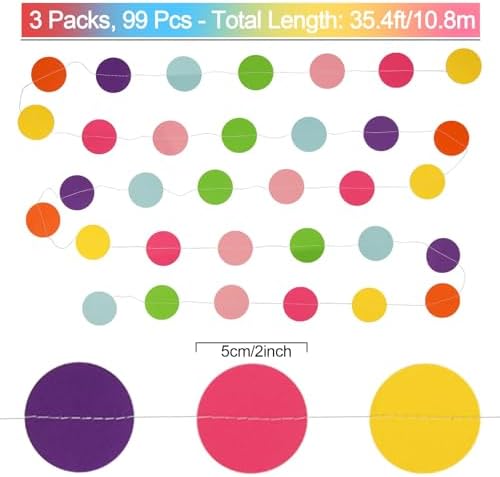 AhfuLife 3 Packs Colorful Polka Dot Garland, 35.4 Ft Polka Paper Circle String Banner with 99 Dots, Hanging Rainbow Dots Party Garlands Decor for Birthday Wedding Classroom Supplies - Image 2