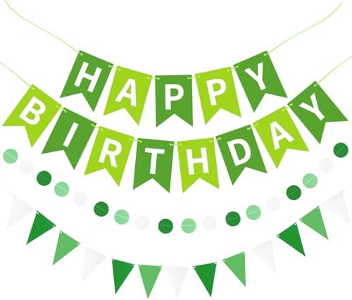 Green Happy Birthday Banner Hanging Sign Circle Dot Triangle Bunting by Unknown