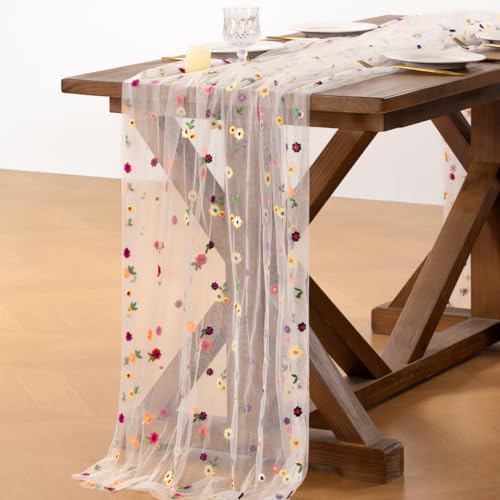 Flower Table Runner Fall Daisy Floral Tulle Cheesecloth Wedding Decor - Image 3