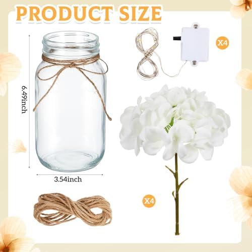 4 Sets Hydrangea Mason Jar Centerpiece with LED Lights for Wedding - Image 2