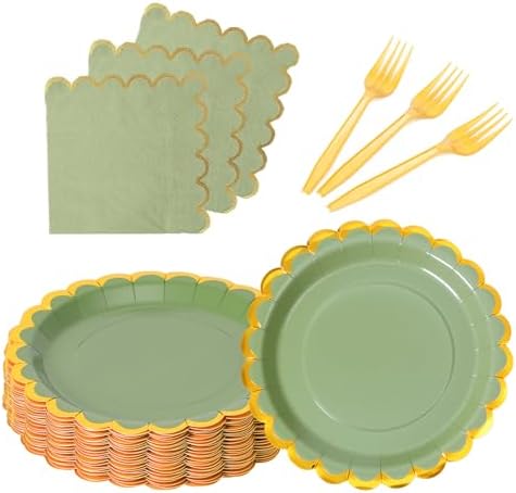 Sage green & gold scalloped party plates with napkins and fork gold foil border, 24 Guest green disposable Tableware Set Party Decoration for Birthday Coquette Bridal Baby Shower Valentines by Leapig