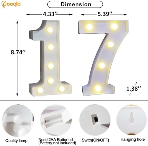 Pooqla Decorative LED Light Up Number Letters, White Plastic Marquee Number Lights Sign for Wedding Decor, Battery Operated (17) - Image 4