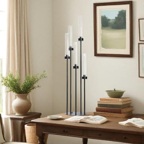39.8''Matte Black Candle Holder with Acrylic Shades,Tall 5 Arm Candelabra - Image 4