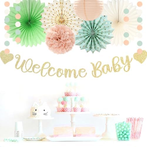 Sage-Green Blush-Beige Baby Shower Party-Decorations - 21pcs Girls Welcome Baby Banner,Light Dusty Pink Paper Lanterns Pom Poms,Safari Woodland Boho Neutral Streamers Garland Decor Favors Huglony - Image 5