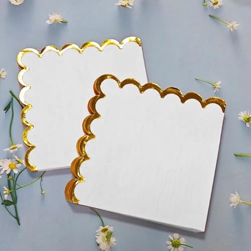100 pack White Cocktail Napkins with Gold Foil Accents Scalloped Edges 5 x 5 inch Beverage Disposable Napkin Party Decoration Wedding Bridal and Baby Shower Dinner Lunch Supplies - Image 4