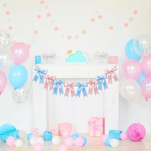 2 Strings of 16PCS Baby Pink&Baby Blue Bow Garlands Banner Decoration,Pre-Strung Satin Ribbon Ornaments for Gender Reveal Party,Baby Shower,Birthday,Bridal Shower,Graduation Decor,Anniversary,Wedding - Image 6