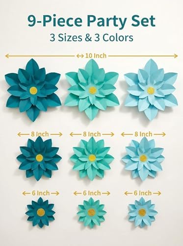 Turquoise Paper Flower for Wall Wedding Party Birthday Celebration Backdrop Decoration Pack of 9 - Image 2
