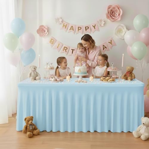 4 Pack Baby Blue Spandex Table Covers 4ft Rectangle Ruffle Skirts for Party - Image 3