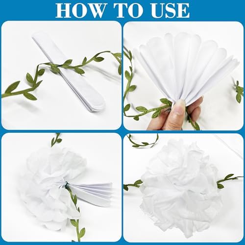 Blue White Party Decorations Ombre Blue Tissue Paper Flowers Pom Pom with Leaf Ribbon Hanging Garland Streamer for Birthday Wedding Shower Under The Sea Nautical Ahoy Achor Party Supplies - Image 3