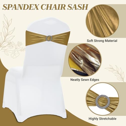 Pack of 10 Spandex Chair Sashes for Wedding Party & Event – Metallic Gold - Image 3