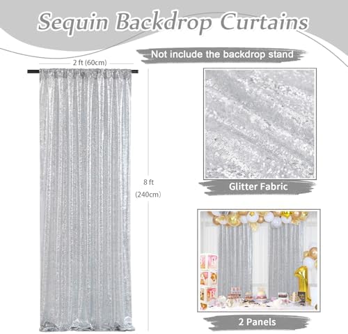Silver Sequin Backdrop Curtains-2 Panels 2FTx8FT Silver Backdrop for Valentines Day, Glitter Party Decorations Background Drapes for Wedding Birthday Anniversary Graduation Photo Booth Decor - Image 3