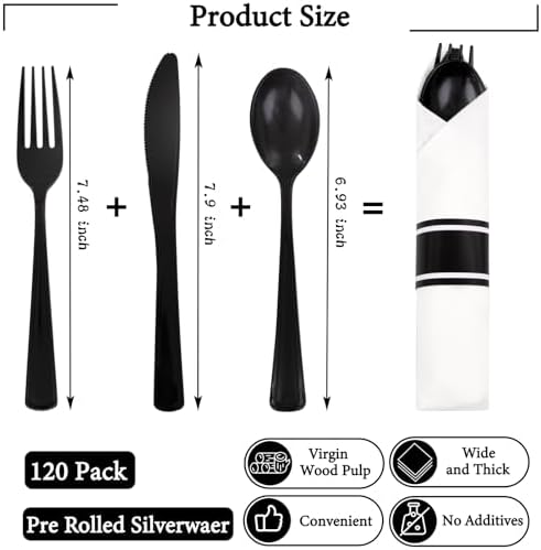 Supernal 120pack Pre Rolled Black Plastic Silverware Set Disposable - Image 2