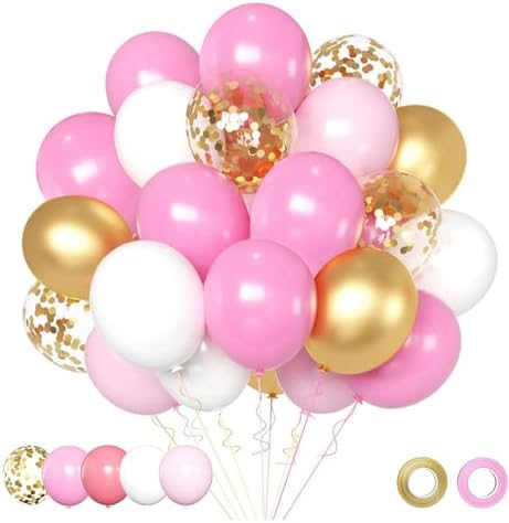 Pink and Gold Balloons Set, 50pcs 12 inch Pink White Gold Latex Balloons for Girl Birthday Wedding Bridal Shower Graduation Party Decoration by AIOZX