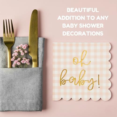 Cloverjoyed 'Oh Baby' Pink Baby Shower Decorations for Girls, Pink Plaid Oh Baby Napkins, Gingham Scalloped It's a Girl Decor, 1st Birthday, Welcome Home, Sprinkles, Pregnancy Announcement, 50 Pack - Image 7