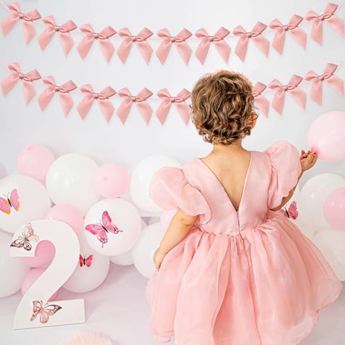 2pcs Bow Garland Banner, Ribbon Bow Party Decorations for Baby Shower Girls Bow Coquette Birthday Party Decor (Peach Pink) - Image 6