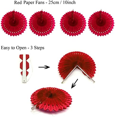 ZERODECO Party Decoration, 21 Pcs Red Hanging Paper Fans Pom Poms Flowers, Garlands String and Triangle Bunting Flags for Birthday Parties Baby Showers Wedding - Image 3