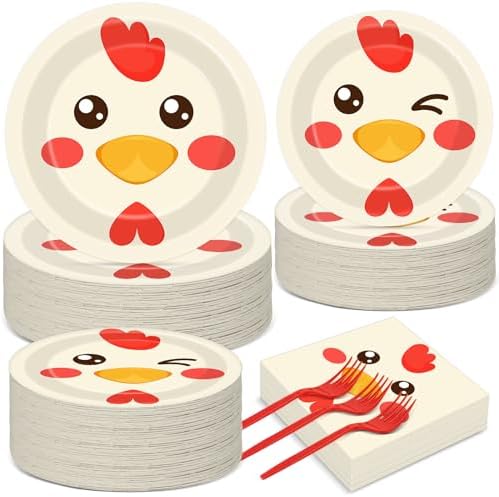 gisgfim 50 Guests Chicken Party Decorations Chicken Plates and Napkins Chicken Party Decoration For Birthday Party Plates Tableware Set Chicken Theme Party Paper Plates Napkins Forks 200 PCS by gisgfim