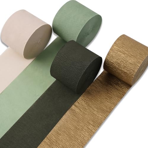 PartyWoo Sage Green Crepe Paper 4pcs 328 FT Gold Sand White Streamers by PartyWoo
