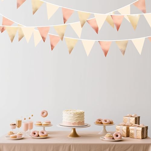 Rose Gold Champagne Gold Beige Party Decorations Metallic Fabric Triangle Flag Pennant Banner Garland Bunting for Engagement Bridal Shower Wedding Birthday Baby Shower Graduation Decoration Supplies - Image 4
