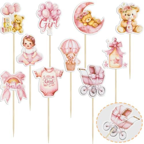 Gyufise 40Pcs Baby Boy Cupcake Toppers Baby Shower Decorations for Boys Balloon Star Moon Bear It's a Girl Cupcake Picks for Baby Shower Kids Girls Birthday Party Supplies Deep Pink - Image 3