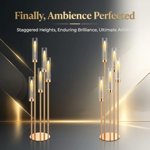 2pcs 42.5in Gold Floor Candelabra 5 Arm Gold Candelabra with Acrylic Shades Candle Holders,Elegant Metal Candlestick Stand for Perfect for Wedding Dining Room Living Room Event Decor - Image 2