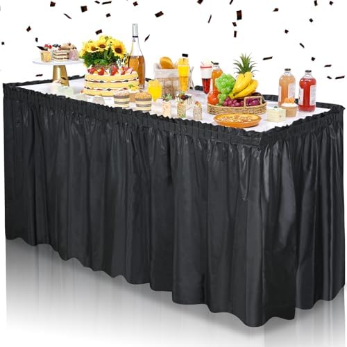 1 Pack Black Table Skirt Party Decorations, Black Plastic Table Skirts, Disposable Table Decorations for Banquet Birthday Wedding Gender Reveal Graduation Party Supplies Decorations, 2.4 x 14 Ft by Zachely