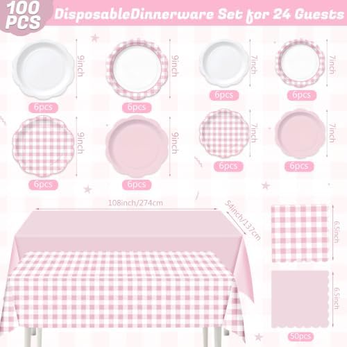 LemonRoad 100 Pcs Pink Gingham Paper Plates Napkins Plastic Tablecloth Set for 24, Pink and White Disposable Dinner Dessert Scalloped Plates for Baby Shower Picnic BBQ Birthday Party Supply Decoration - Image 2
