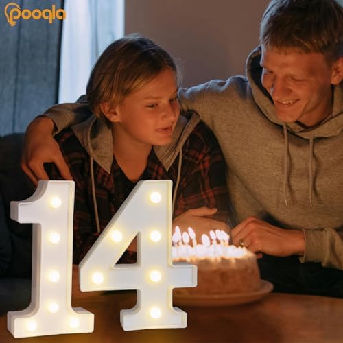 Pooqla Decorative Led Light Up Number Letters, White Plastic Marquee Number Lights Sign for 14th Birthday Party Wedding Decor Battery Operated Number (14) - Image 2