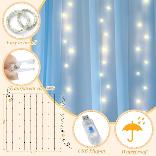 Ledido 10×8ft Blue Tulle Backdrop Curtains with Lights(8 Panels 5×8ft) - Image 3