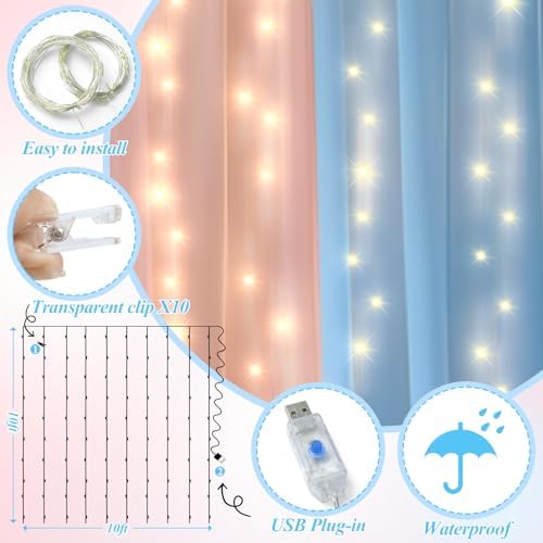 Ledido 10×10ft Pink Blue Tulle Backdrop Curtain with Light(2 Panels 5×8ft) - Image 3