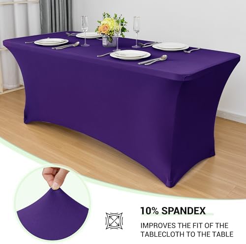 Obstal 6ft Spandex Table Cover for Folding Tables, 2 Pack, Dark Purple - Image 2