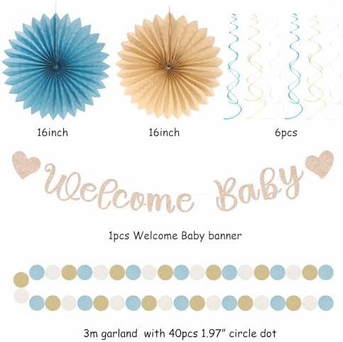 Light-Dusty Blue Boho Baby Shower Party-Decorations - 21pcs Beige Champagne Boy Neutral Welcome Baby Banner Decor,Paper Lanterns Pom Poms Fan Supplies,Streamers Garland Wall Backdrop Favors Huglony - Image 2