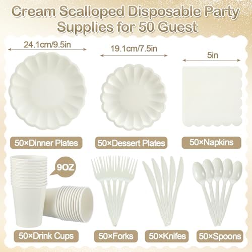 Newtay 350 Pcs Ivory Scalloped Paper Plates and Napkins Party Supplies - Image 2