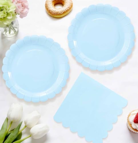 HEIPINIUYE 50 Pcs Light Blue Paper Plates and Napkins Party Supplies Include 7'' Blue Scalloped Plates and 6.5'' Paper Napkins Disposable Tableware Set for Dinner Wedding Birthday Party (Serves 25) - Image 2