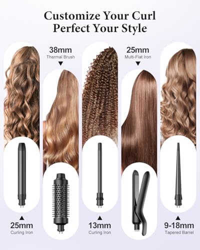 5 in 1 Curling Iron, Curling Wand Set with Thermal Brush, Flat Iron Hair Straightener, 3 Ceramic Irons (0.35"-1"), 13 Adjustable Temps, Hair Curler Waver with Heat Resistant Mat, Glove, Clip - Image 2