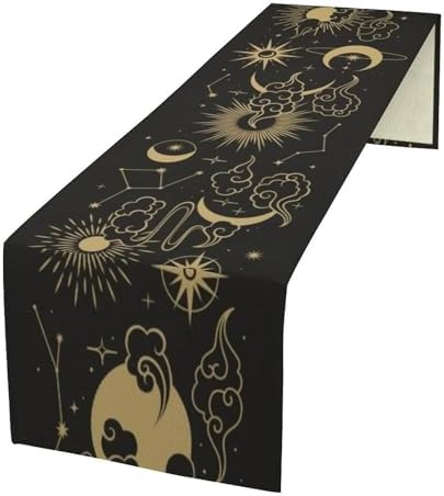 Sun Moon Table Runner Magical Boho Tarot Astrology Stars Seasonal Autumn Chinese Gold Clouds Dinner Runner for Farmhouse Party Holiday Home Kitchen Dining Table Decoration 13"x108" by SHElifestyle
